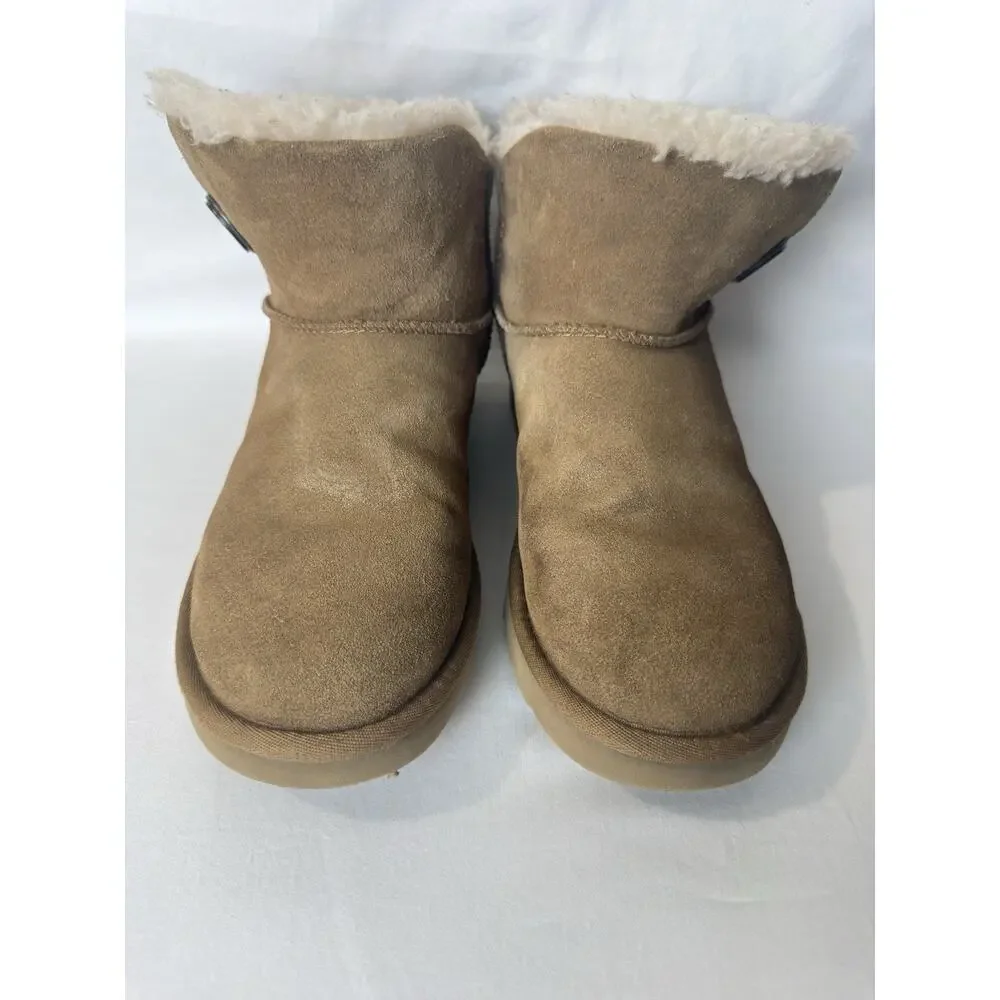 UGG Women's Mini Bailey Button II boots chestnut suede with sheepskin Size 7